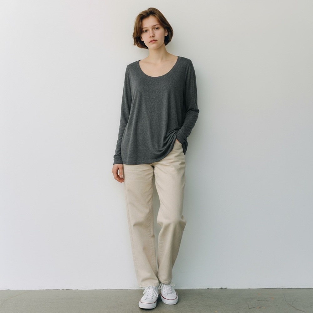 Eileen Fisher Scoop Neckline Long Sleeve Tunic Gray Large